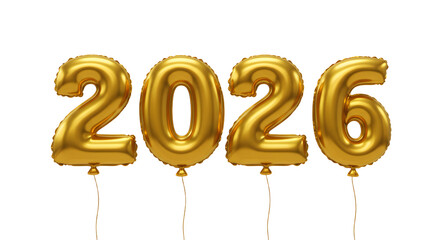Gold foil balloon numbers 2026 isolated on white background, perfect for New Year celebrations and birthday parties