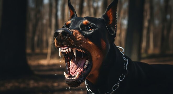 Ferocious Doberman Pinscher Snarling With Bared Teeth and Drooling Chain Collar in Forest.