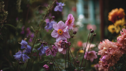 Vibrant garden filled with blooming flowers various colors, showcasing nature beauty