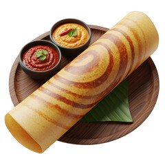 Artistic Dosa Composition A South Indian Culinary Masterpiece Showcasing a Thin Crispy Crepe Served with Sambar and Coconut Chutney on Wooden Tray