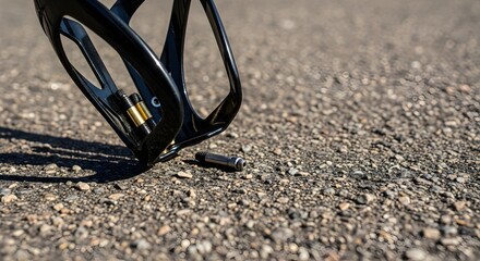 Cycling concept without people, featuring an unbranded bottle cage next to valve cores in a gravel turnout.