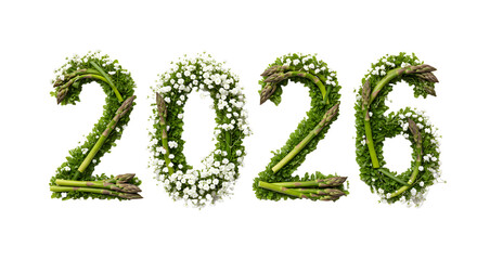 Green 2026 numbers made of fresh leaves and white flowers on black background, eco nature concept, perfect for New Year and environmental greetings