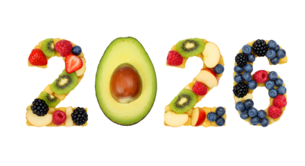 Fresh fruit composition shaped as 2026 with avocado, kiwi, berries and other fruits, healthy food concept suitable for diet or wellness