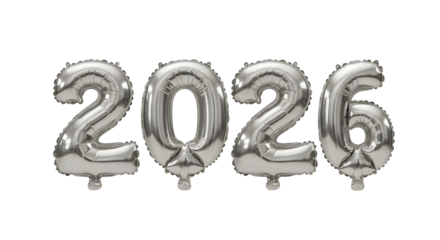 Silver metallic balloon numbers 2026 isolated on white background, perfect for New Year celebrations and milestone events