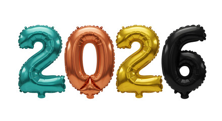 Metallic foil balloons shaped as numbers 2026 in teal, copper, gold, and black colors on white background, perfect for New Year celebrations or countdown events