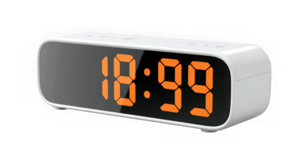 Modern digital alarm clock with mirrored display and orange led time readout transparent background