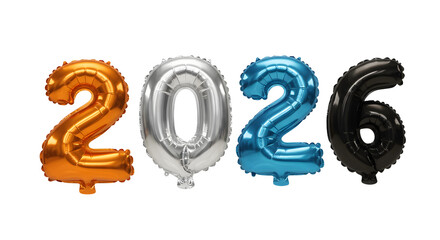 Metallic 2026 number balloons in orange, silver, blue and black on white background, perfect for New Year celebrations and event parties