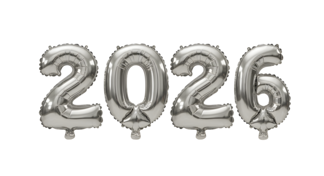 Silver metallic balloon numbers 2026 isolated on white background, perfect for New Year celebrations and milestone events