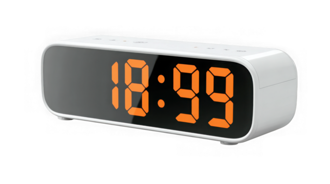 Modern digital alarm clock with mirrored display and orange led time readout transparent background