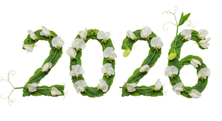 Fresh green leaves and white flowers shaped as 2026 numbers, natural plant typography perfect for eco or nature projects