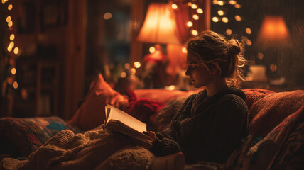 Young woman reading book on cozy sofa surrounded by warm lights, creating serene atmosphere
