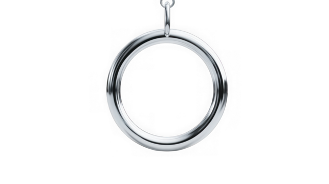 Close-up of polished silver rings suspended against a dark void symbolizing unity or connection transparent background