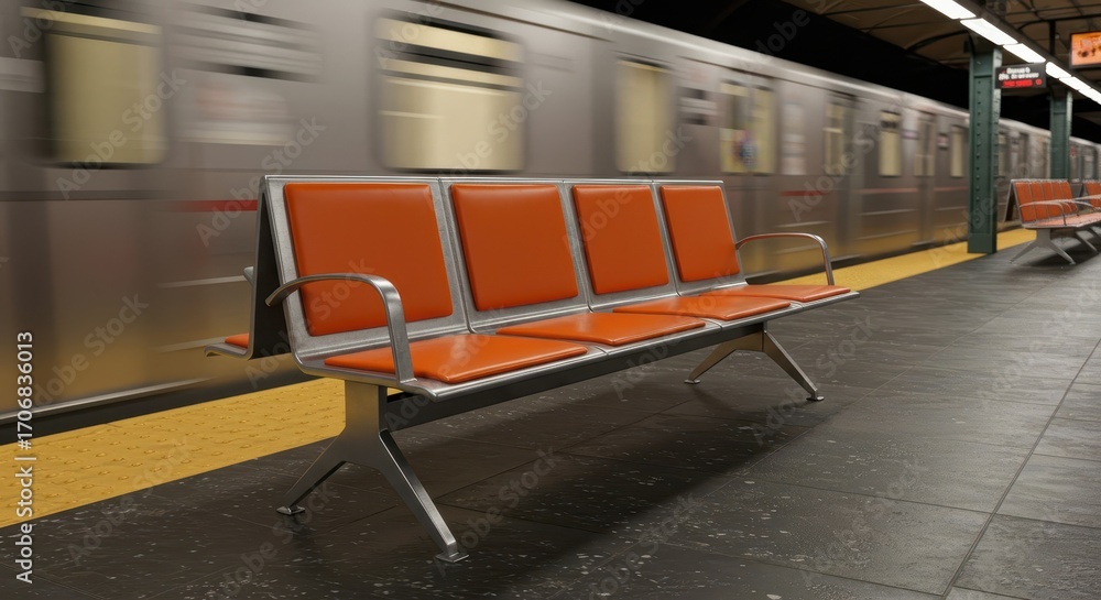 Poster orange-cushioned bench in a bustling subway station, showcasing modern design elements against a bac