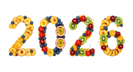 Numbers 2026 composed of fresh assorted fruits including kiwi, passion fruit, blueberries and raspberries, healthy nutrition concept, perfect for diet promotions