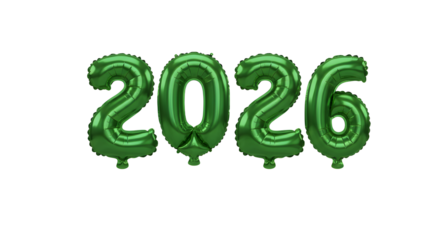 Green foil number balloons forming 2026 isolated on white background, perfect for New Year celebrations and graduation parties