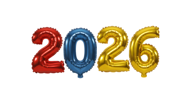 Red blue and gold foil balloons shaped as the numbers 2026 isolated on white background, perfect for New Year and celebration events - Powered by Adobe