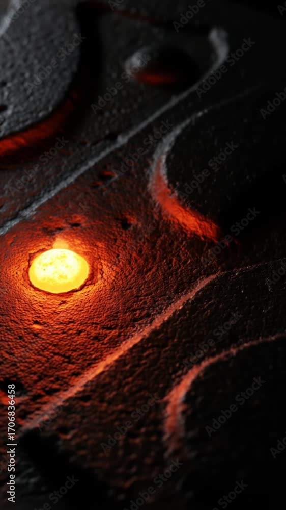 Poster abstract close up of geometric patterned metallic surface illuminated with glowing orange light in d