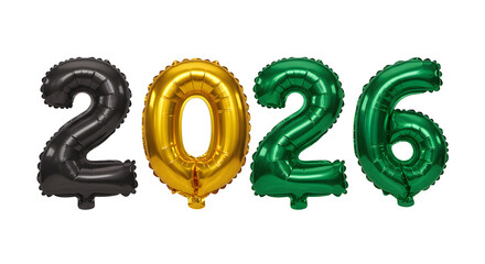 Shiny black, gold, and green foil balloons shaped as 2026 numbers isolated on white background perfect for New Year or celebration events