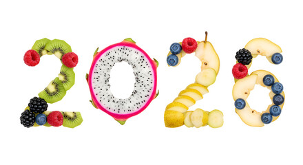 Obraz premium 2026 made with fresh tropical fruits including dragon fruit, kiwi, raspberries, blueberries, and bananas, healthy concept for New Year or calendar dates