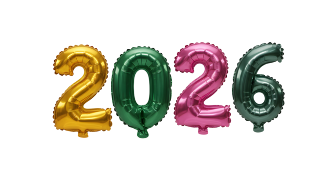 Shiny metallic gold, green, and pink 2026 number balloons, perfect for New Year celebrations and milestone events