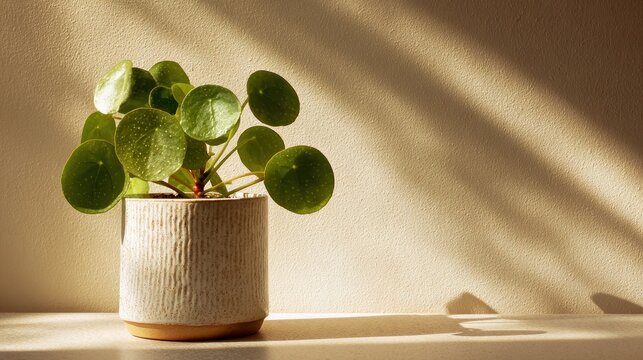 Chinese money plant in a ceramic pot on a shelf with sunlight shining through the window onto the wall behind it