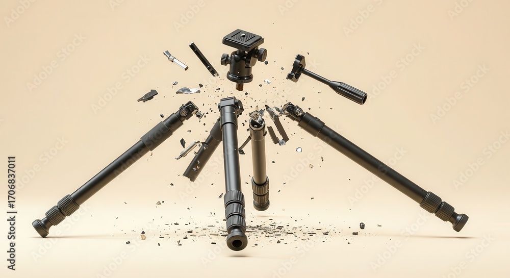 Poster a broken tripod's components explode in a dynamic display against a muted beige backdrop.
