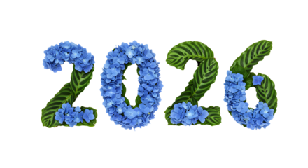 2026 numbers made of green leaves and blue flowers on white background, natural concept perfect for eco design and botanical themes