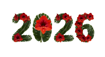 2026 numbers made of green tropical leaves with bright red hibiscus flowers, isolated on white background, perfect for summer or tropical-themed designs