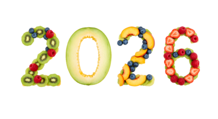 Creative 2026 numbers made of fresh fruits and berries for healthy lifestyle or new year celebration