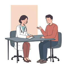 A female doctor in a white coat consults with a male patient who is explaining his symptoms during a medical check-up.