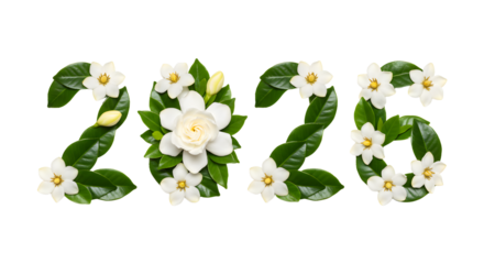 2026 year made of white flowers and green leaves on transparent background, decorative floral numbers perfect for spring designs