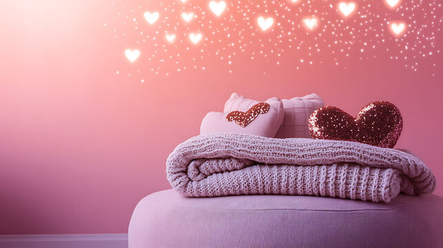 A layered cozy scene with a folded knit blanket on a round pouf, heart-shaped sequin pillows, and a wall of tiny glowing hearts above, all resting against a pink solid background, - Powered by Adobe