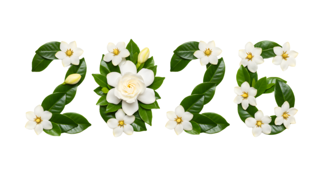 2026 year made of white flowers and green leaves on transparent background, decorative floral numbers perfect for spring designs