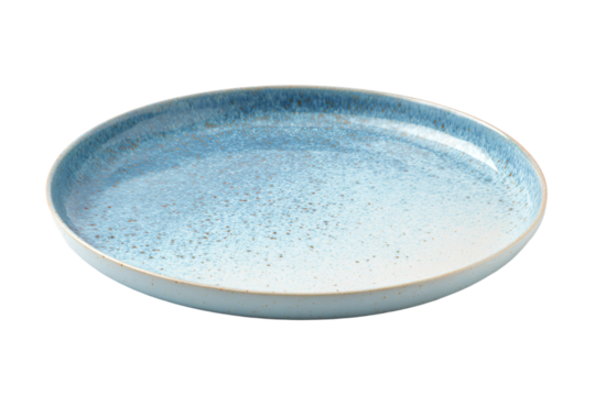 a blue plate with a speckled rim
