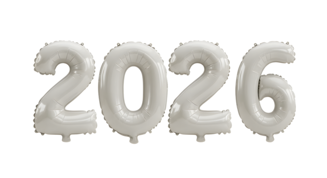 Silver metallic foil balloons shaped as number 2026, festive decoration for New Year or milestone events