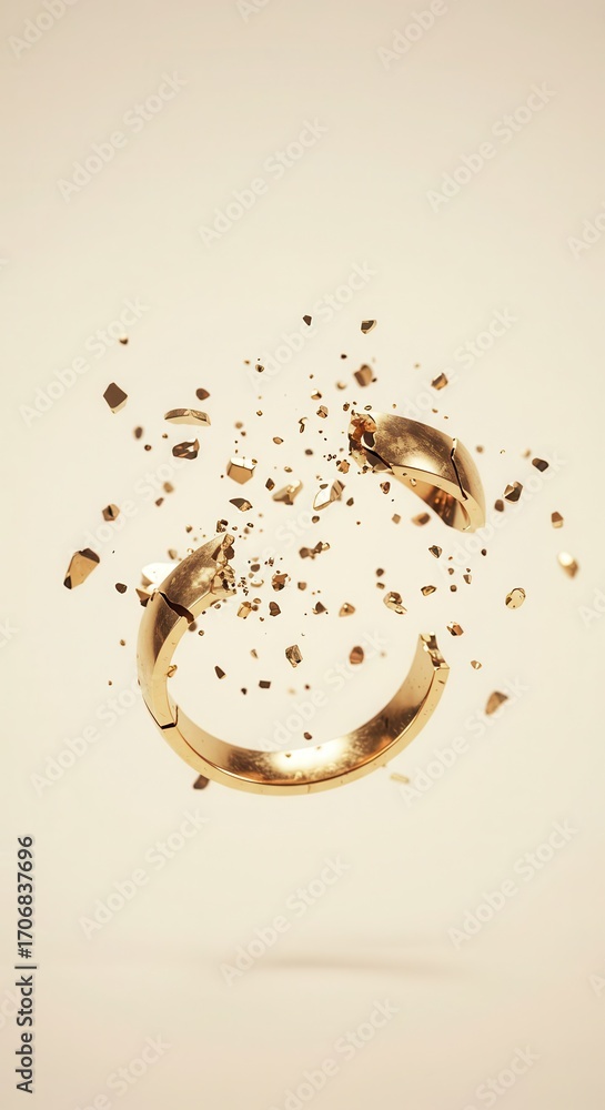 Poster a golden ring explodes into a multitude of fragments against a soft cream backdrop, evoking a sense 