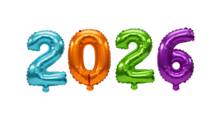 Colorful 2026 number balloons in blue, orange, green, and purple on white background, perfect for New Year celebrations