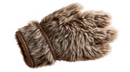 Fuzzy brown mitten with red accents and finger detail on a transparent background