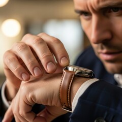 Close-up of a focused businessman in a suit checking or adjusting his elegant wrist watch with a brown leather strap, emphasizing punctuality and time management in a professional setting.