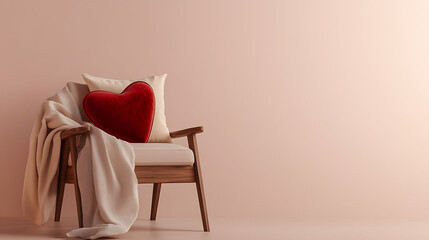 A modern cozy nook with a minimalist wooden chair, heart-shaped red velvet pillow, cream throw draped over one arm, and gentle top-down light on a plain light pink backdrop,