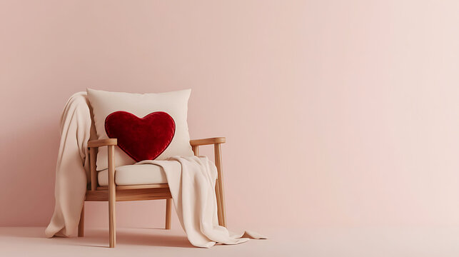 A modern cozy nook with a minimalist wooden chair, heart-shaped red velvet pillow, cream throw draped over one arm, and gentle top-down light on a plain light pink backdrop, - Powered by Adobe