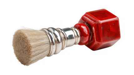 Close-up of a retro shaving brush with a red bakelite handle on a dark surface transparent background