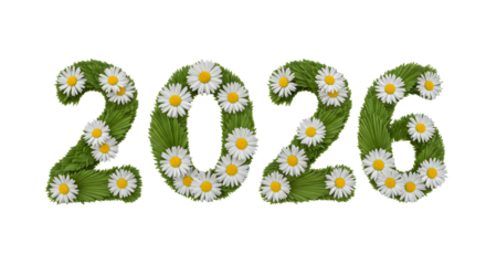 Floral 2026 numbers made of green grass and white daisies, spring and nature concept, perfect for New Year or seasonal greetings