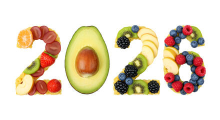 Creative 2026 numbers made with fresh fruits and vegetables on white background, healthy food concept ideal for new year or health campaigns