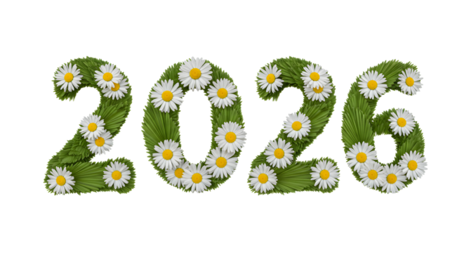 Floral 2026 numbers made of green grass and white daisies, spring and nature concept, perfect for New Year or seasonal greetings