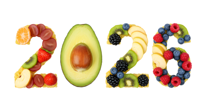 Creative 2026 numbers made with fresh fruits and vegetables on white background, healthy food concept ideal for new year or health campaigns