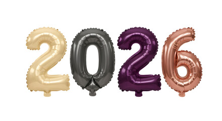 Gold, black, purple, and copper 2026 number balloons isolated on white background, perfect for New Year or milestone celebrations