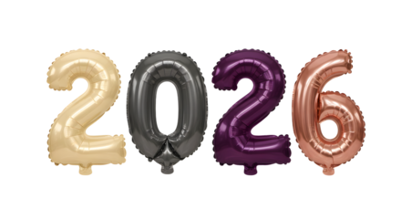 Gold, black, purple, and copper 2026 number balloons isolated on white background, perfect for New Year or milestone celebrations