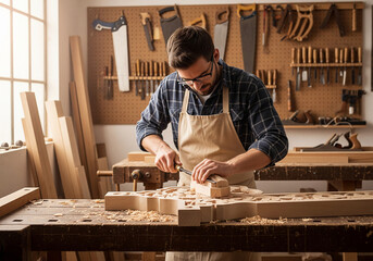 Focused young carpenter meticulously carving a piece of wood with a chisel in his sunlit workshop