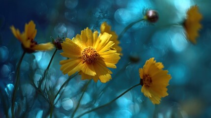 A mesmerizing view of bright yellow coreopsis flowers, their petals illuminated against a soft teal bokeh background